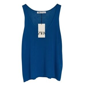 ZARA Royal Blue Knit Tank Top V Neck Sleeveless Casual Women Size M